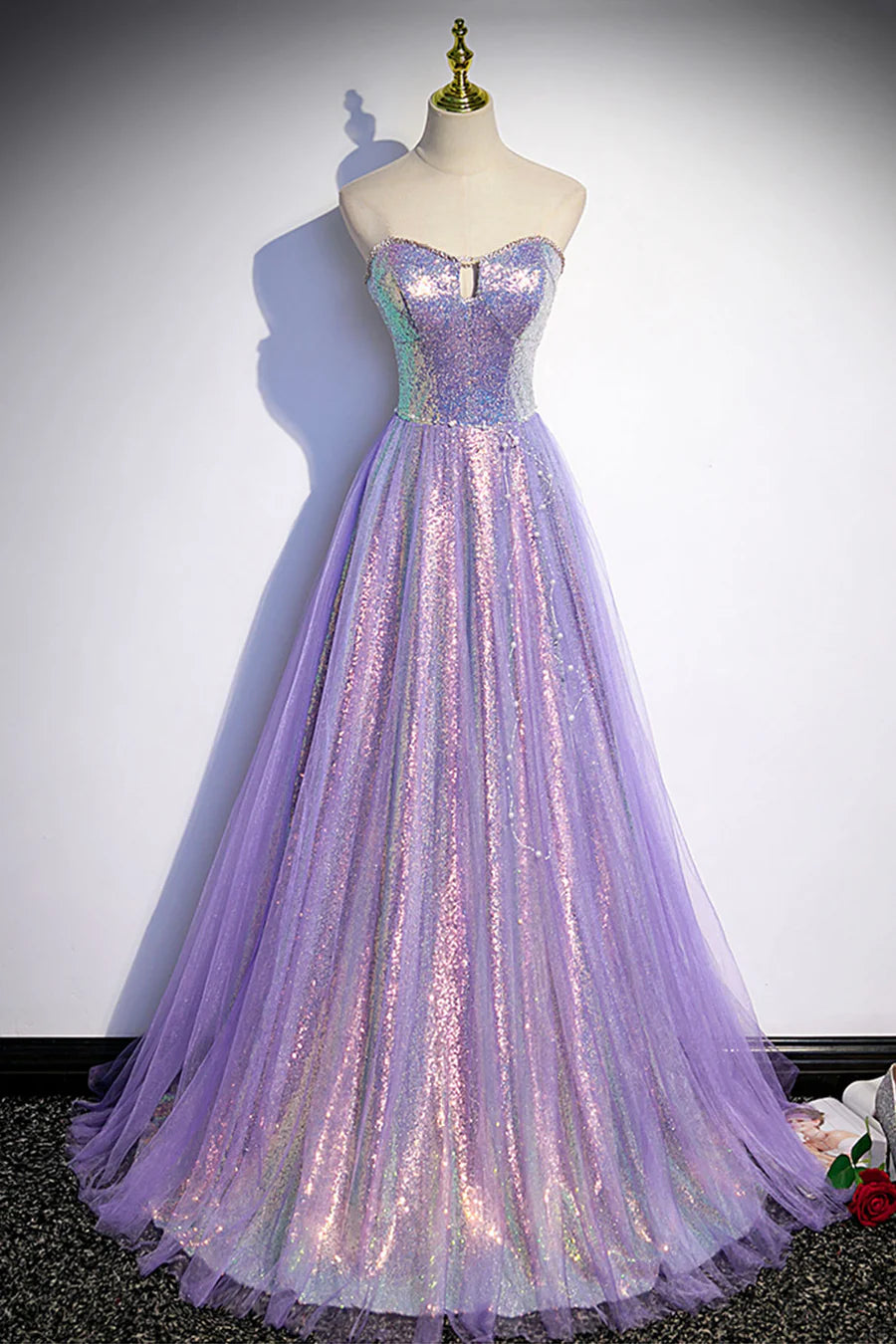 Bargain Pretty A-Line Strapless Cutout Sequin Purple Floor Length Prom Dress