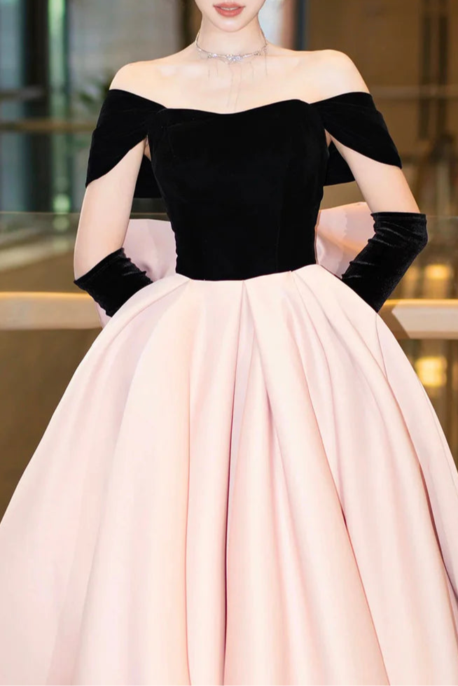 Beautiful A-Line Black Velvet and Pink Satin With Bow Long Prom Dress Off the Shoulder Train Party Dress