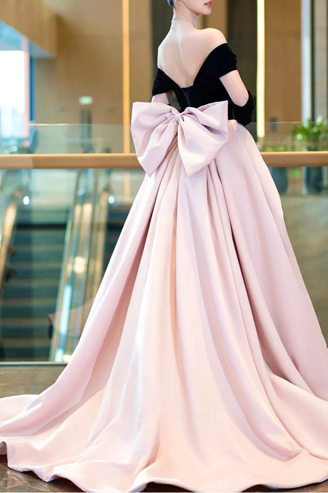 Beautiful A-Line Black Velvet and Pink Satin With Bow Long Prom Dress Off the Shoulder Train Party Dress