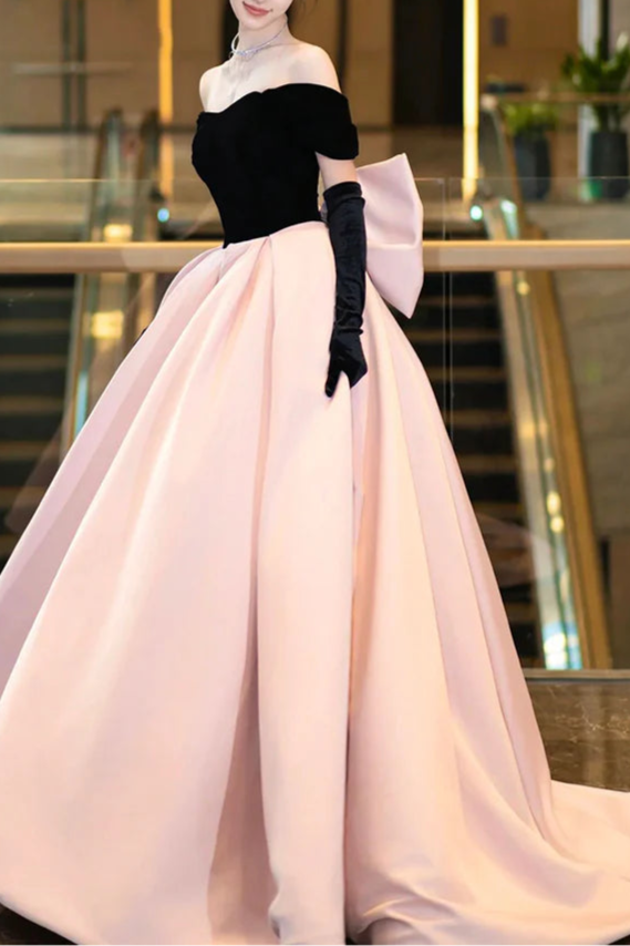 Beautiful A-Line Black Velvet and Pink Satin With Bow Long Prom Dress Off the Shoulder Train Party Dress
