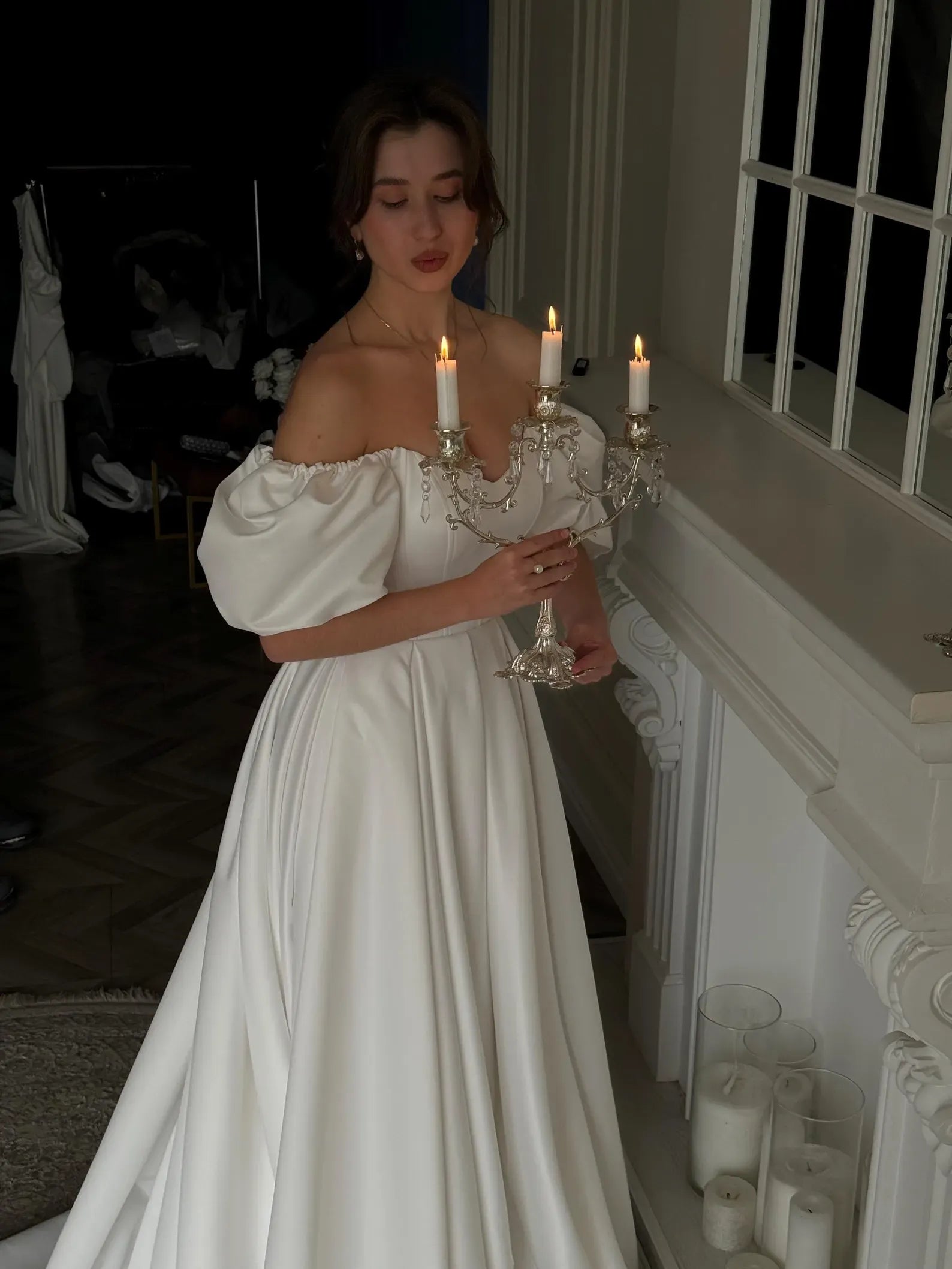 Beautiful A-Line Off-Shoulder Puff Sleeve Satin White Long Wedding Dress With Train