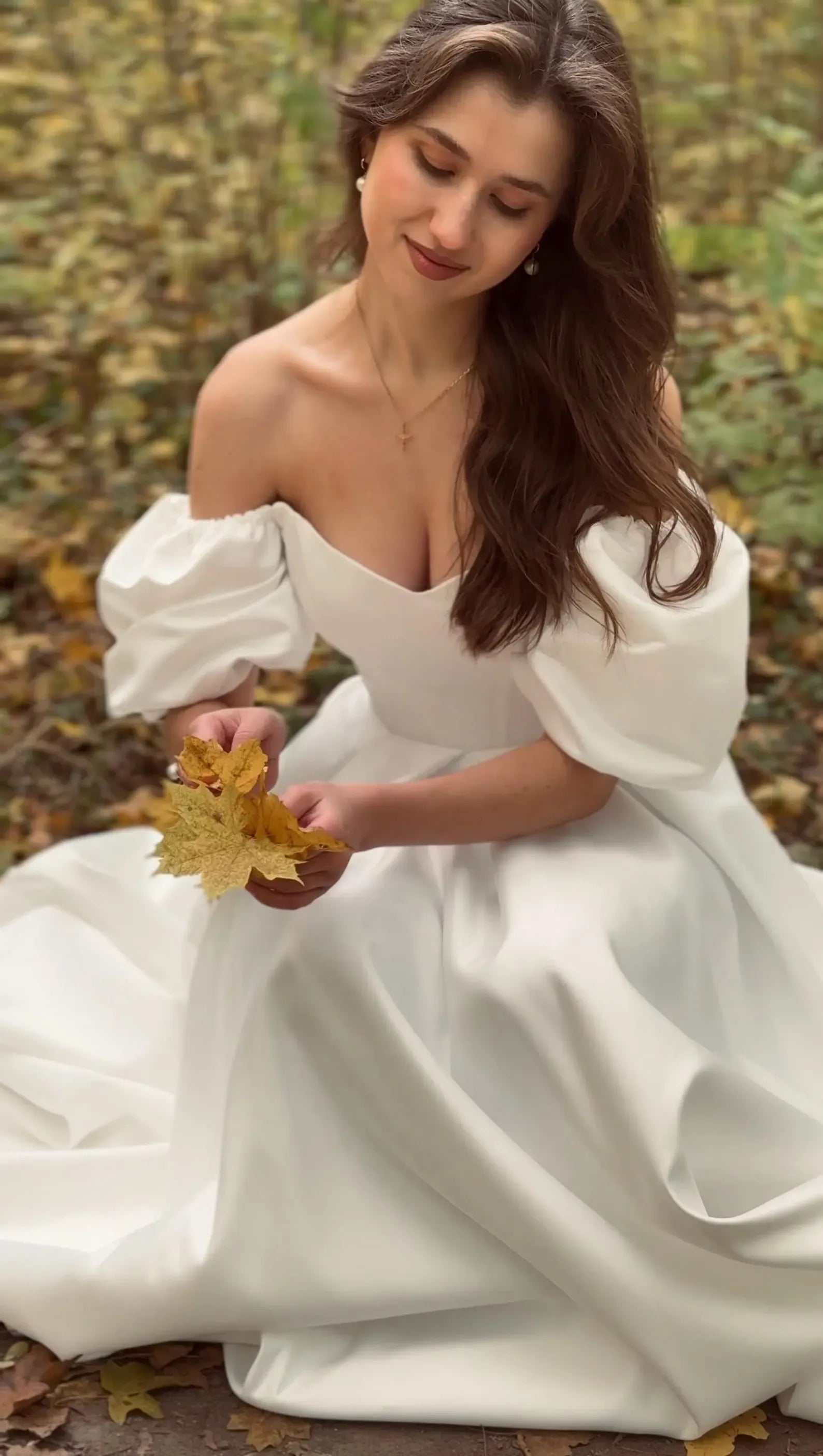 Beautiful A-Line Off-Shoulder Puff Sleeve Satin White Long Wedding Dress With Train