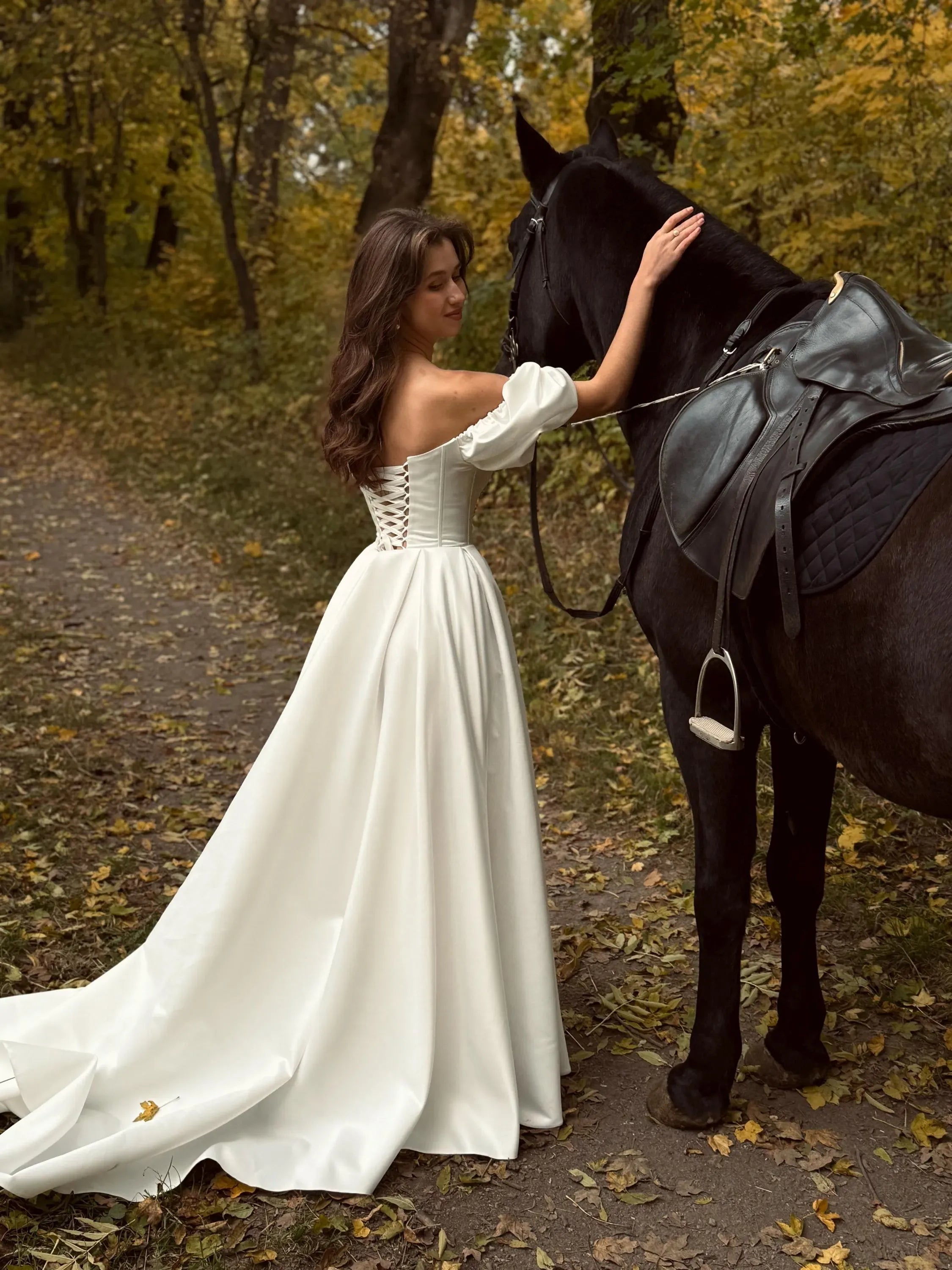 Beautiful A-Line Off-Shoulder Puff Sleeve Satin White Long Wedding Dress With Train