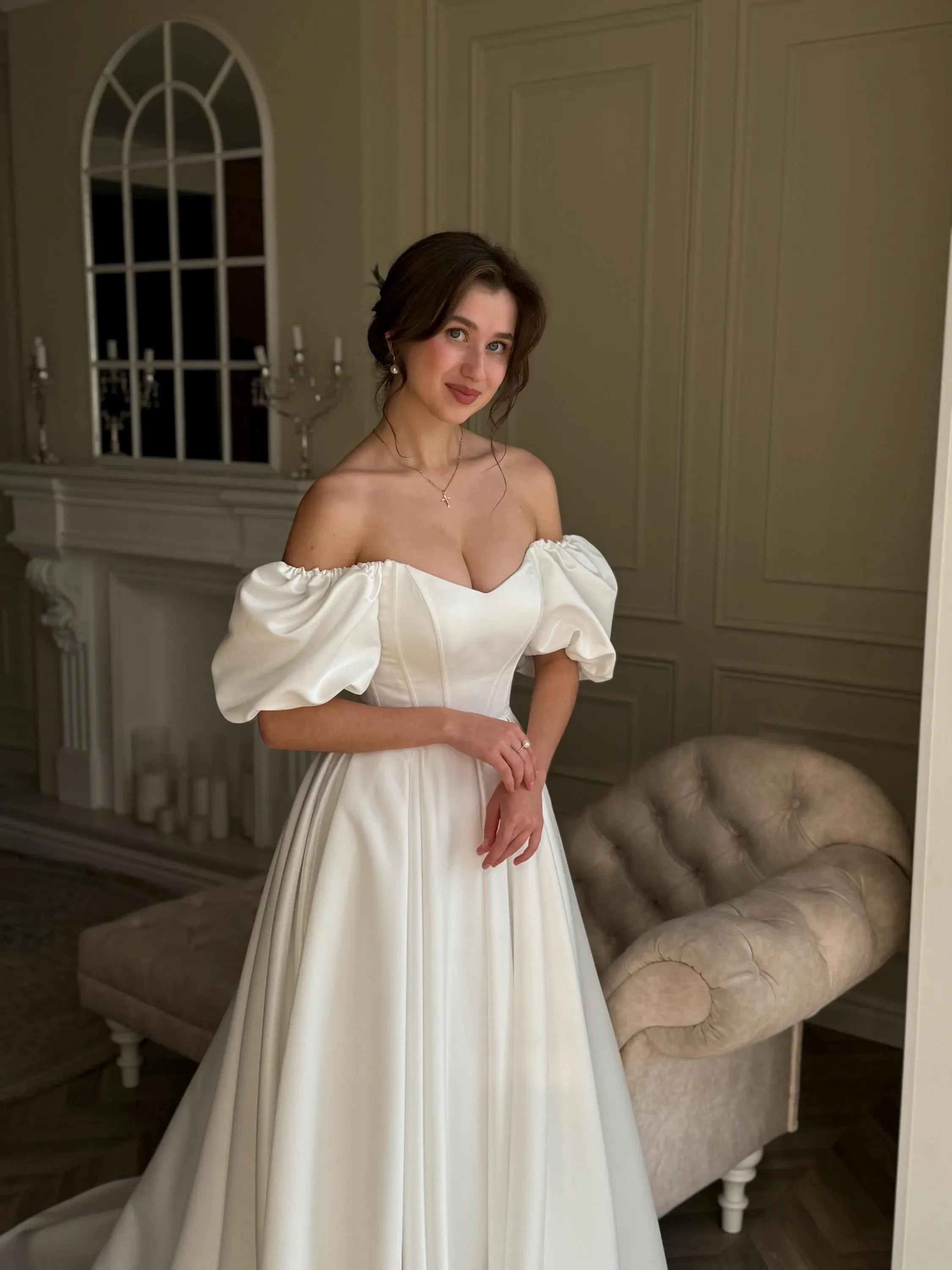 Beautiful A-Line Off-Shoulder Puff Sleeve Satin White Long Wedding Dress With Train
