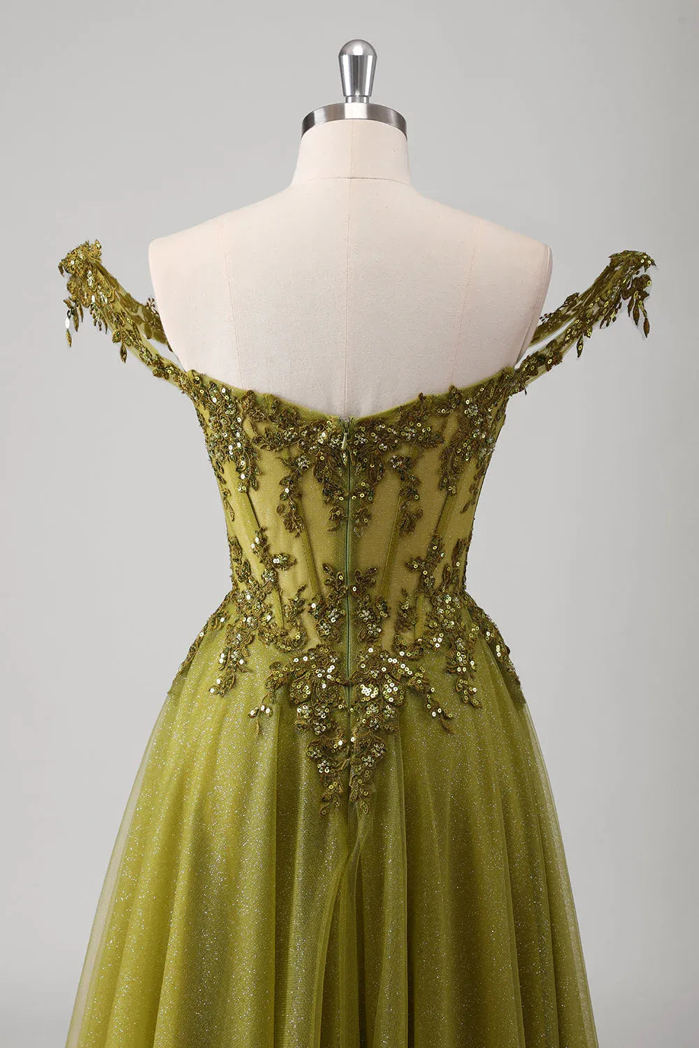 Beautiful A-Line Off Shoulder Corset Sequins Applique Olive Maxi Prom Dress