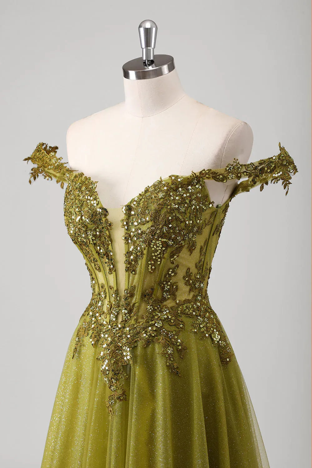 Beautiful A-Line Off Shoulder Corset Sequins Applique Olive Maxi Prom Dress