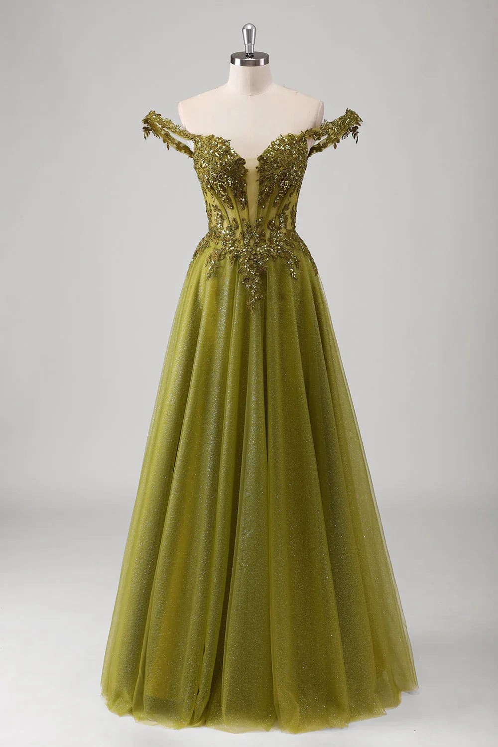 Beautiful A-Line Off Shoulder Corset Sequins Applique Olive Maxi Prom Dress