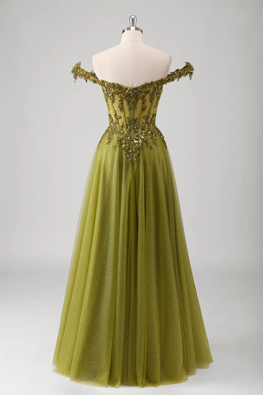 Beautiful A-Line Off Shoulder Corset Sequins Applique Olive Maxi Prom Dress