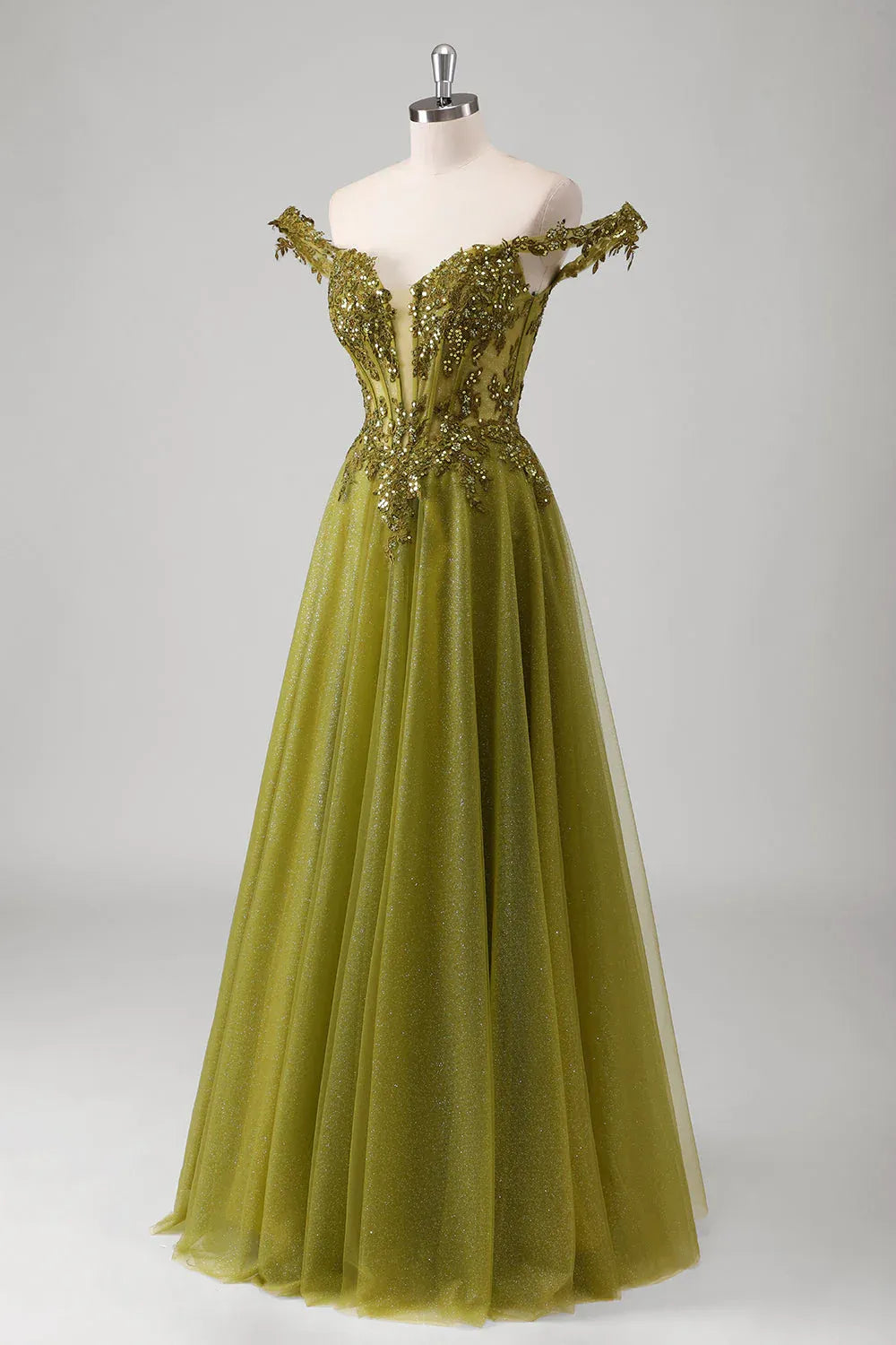 Beautiful A-Line Off Shoulder Corset Sequins Applique Olive Maxi Prom Dress