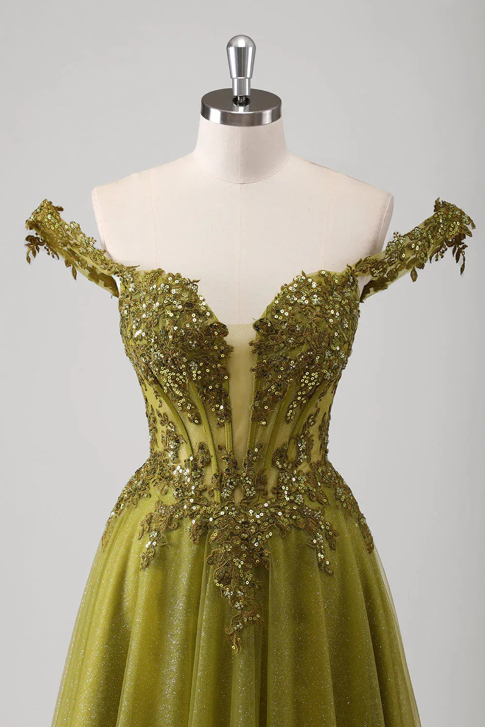 Beautiful A-Line Off Shoulder Corset Sequins Applique Olive Maxi Prom Dress