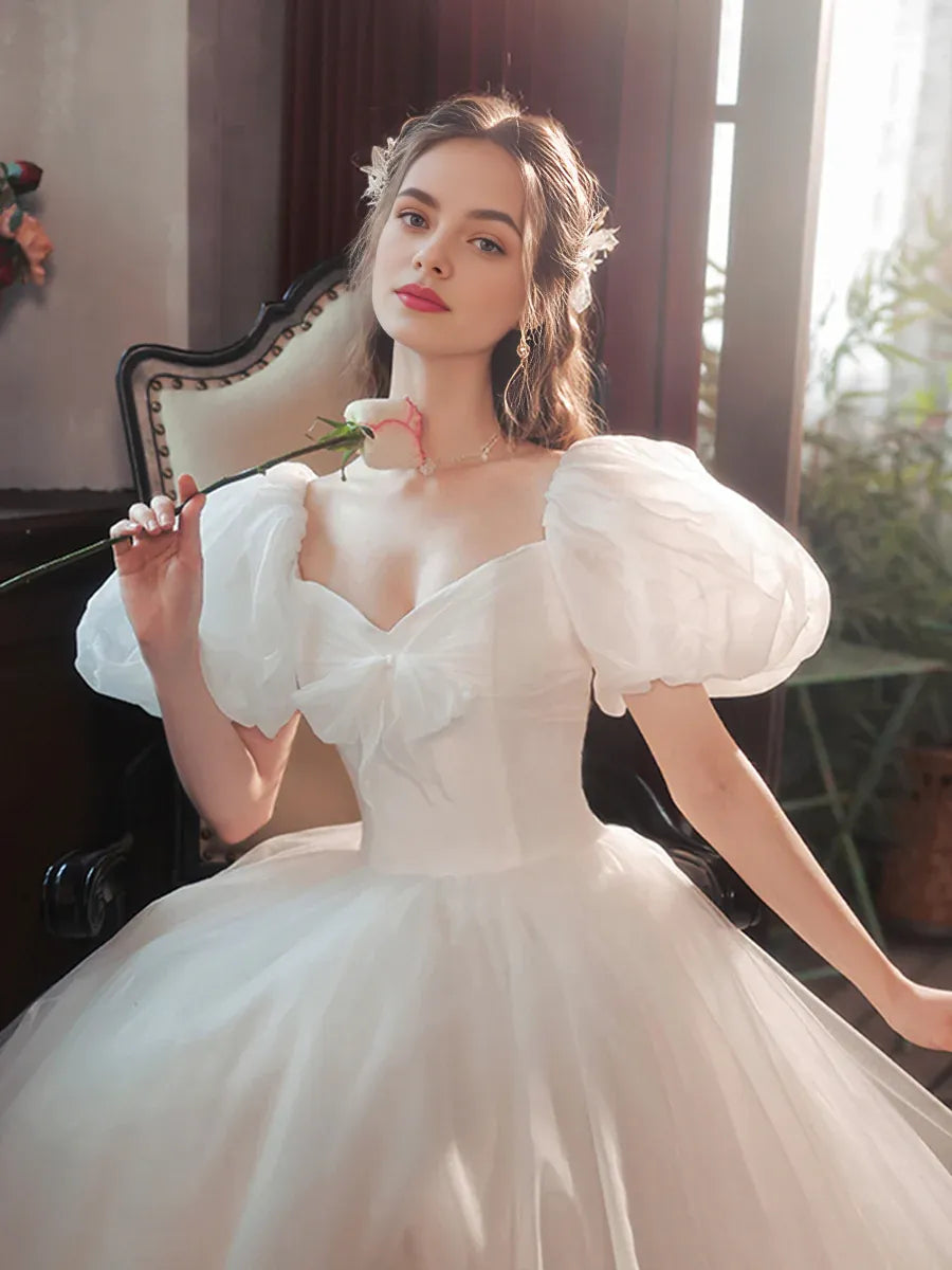 Beautiful A-Line Off The Shoulder Puff Sleeve Tulle White Long Prom Dress