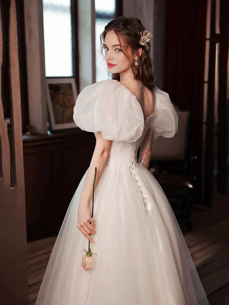 Beautiful A-Line Off The Shoulder Puff Sleeve Tulle White Long Prom Dress