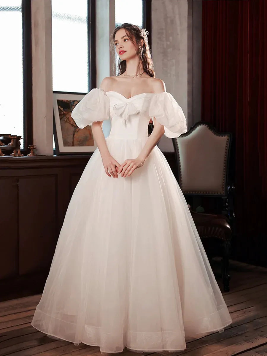 Beautiful A-Line Off The Shoulder Puff Sleeve Tulle White Long Prom Dress