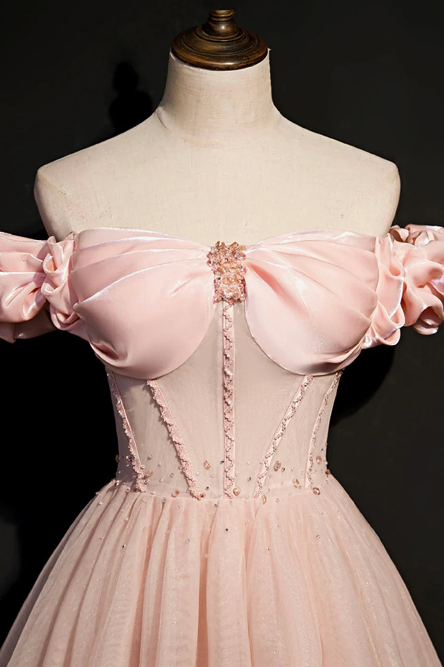 Beautiful A-Line Off the Shoulder Tulle Pink Prom Dress Evening Dress With Beaded