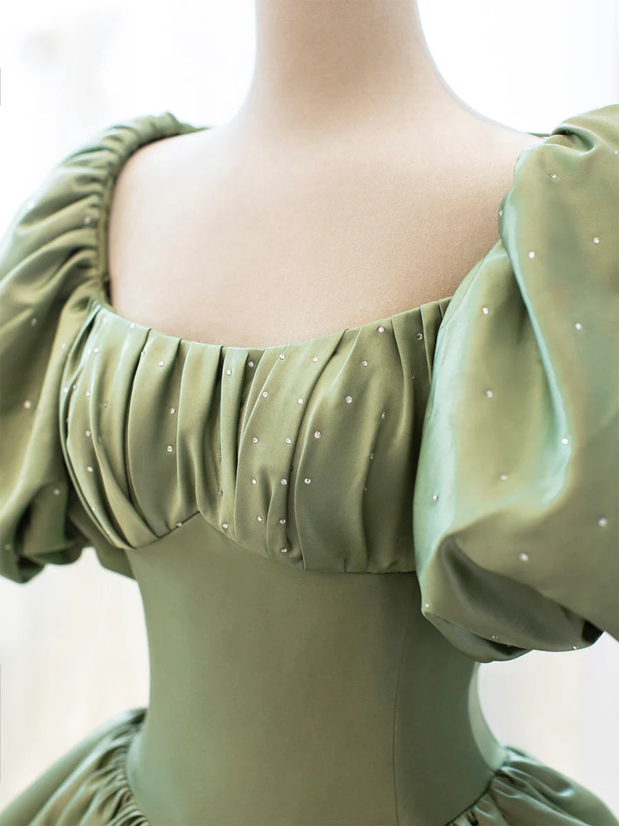 Beautiful A-Line Puff Sleeve Pleated Satin Green Long Prom Dress With Rhinestones