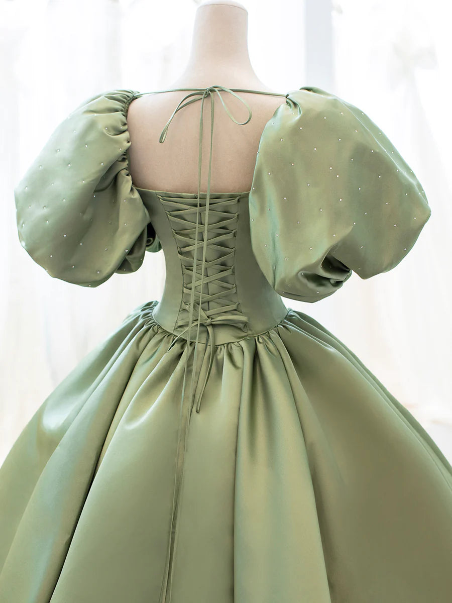 Beautiful A-Line Puff Sleeve Pleated Satin Green Long Prom Dress With Rhinestones