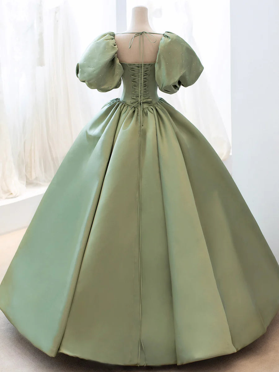 Beautiful A-Line Puff Sleeve Pleated Satin Green Long Prom Dress With Rhinestones