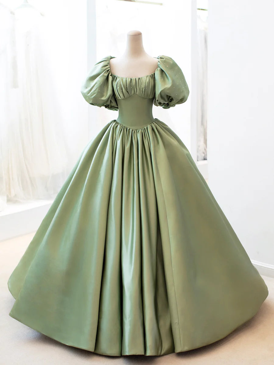 Beautiful A-Line Puff Sleeve Pleated Satin Green Long Prom Dress With Rhinestones