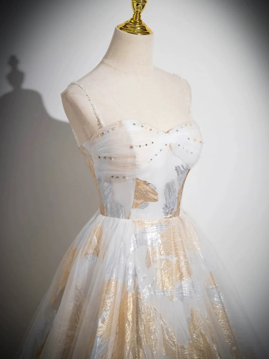 Beautiful A-Line Spaghetti Strap With Beaded Floor Length Prom Dress Tulle Floral Pattern Evening Party Dress