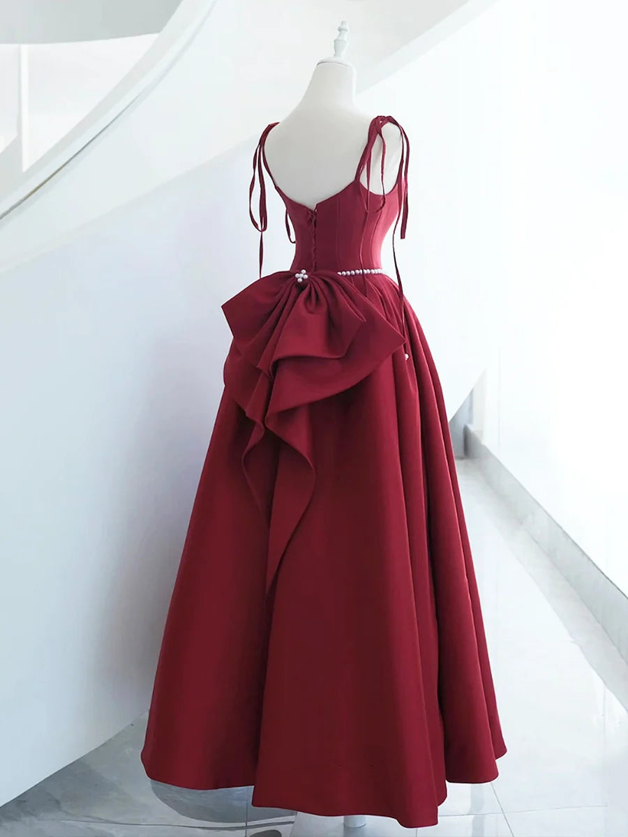 Beautiful A-Line Spaghetti Straps Pearl Satin Burgundy Long Prom Dress With Bow
