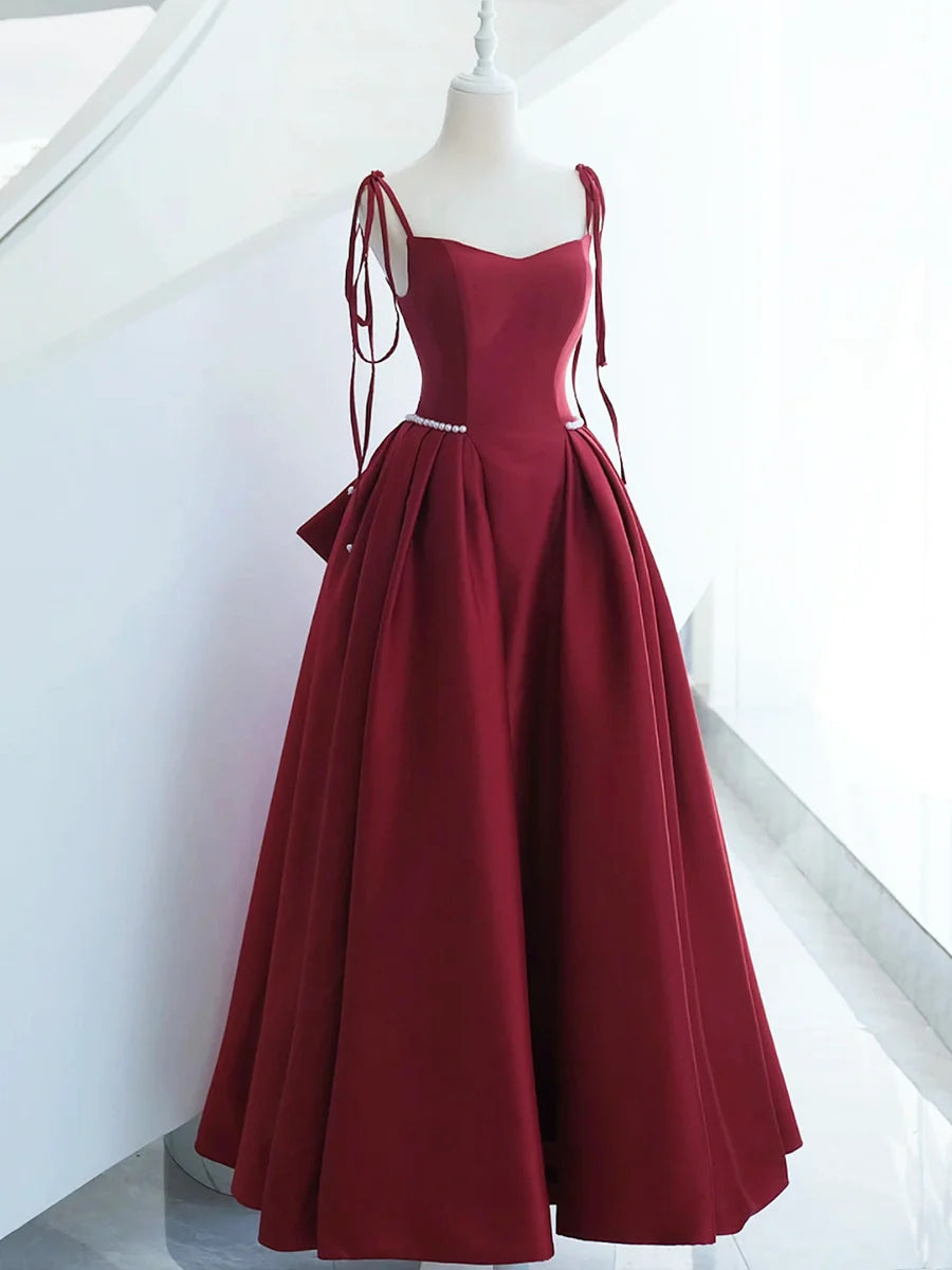 Beautiful A-Line Spaghetti Straps Pearl Satin Burgundy Long Prom Dress With Bow