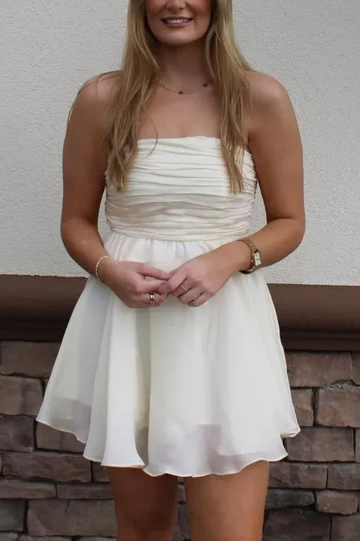 Beautiful A-Line Strapless Ruched Chiffon Ivory Short Homecoming Dress Ready To Ship