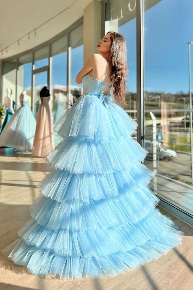 Beautiful A-Line Sweetheart Beaded Tulle Blue High Low Evening Dress