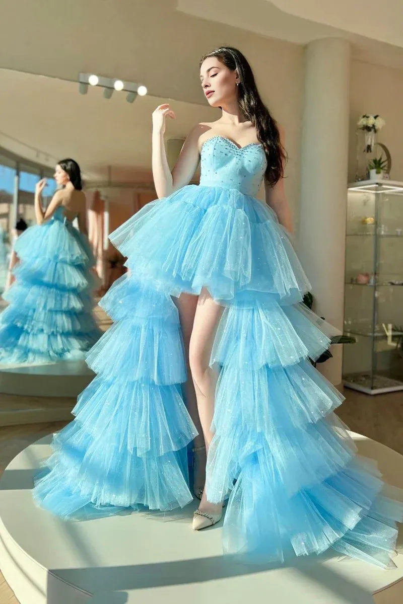 Beautiful A-Line Sweetheart Beaded Tulle Blue High Low Evening Dress