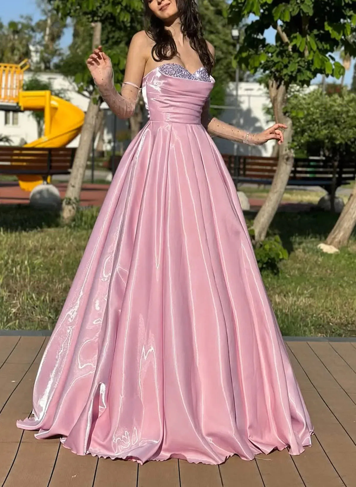 Beautiful A-Line Sweetheart Beaded Pink Floor Length Prom Dress For Women