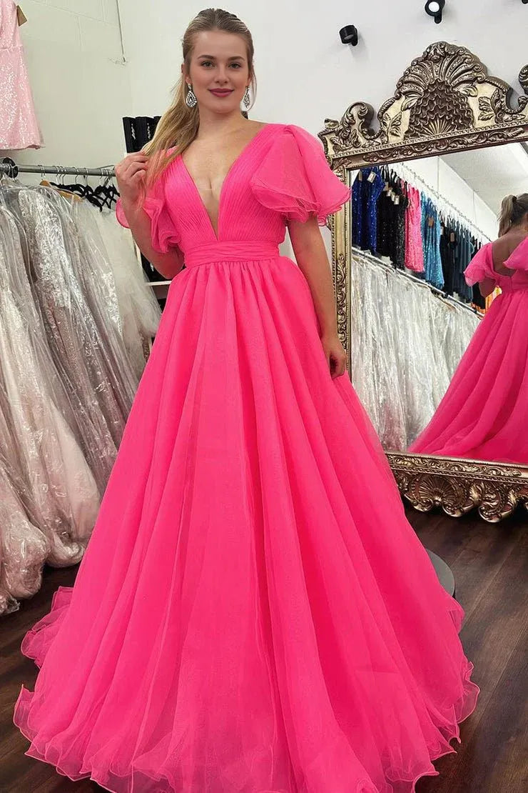 Beautiful A-Line V-Neck Cap Sleeve Pleated Tulle Aqua Long Prom Dress