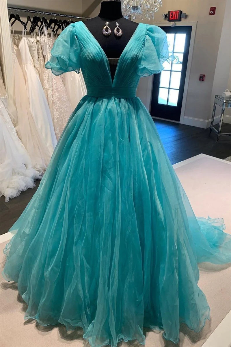 Beautiful A-Line V-Neck Cap Sleeve Pleated Tulle Aqua Long Prom Dress