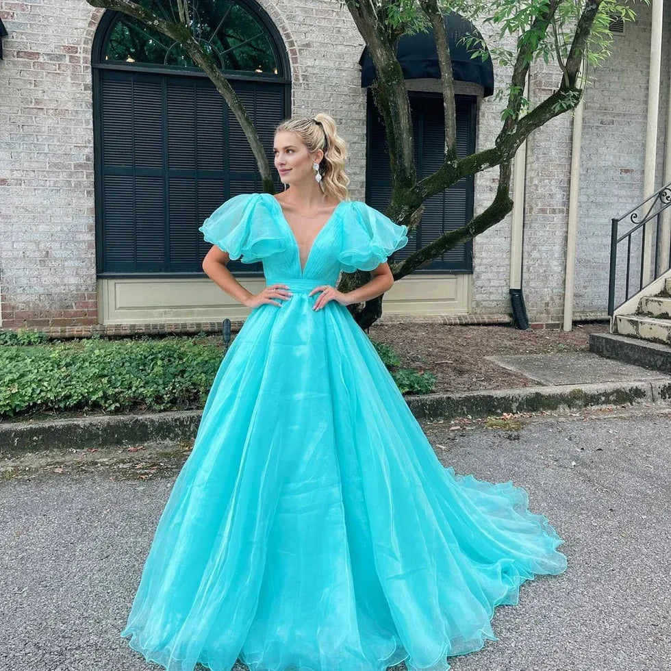Beautiful A-Line V-Neck Cap Sleeve Pleated Tulle Aqua Long Prom Dress