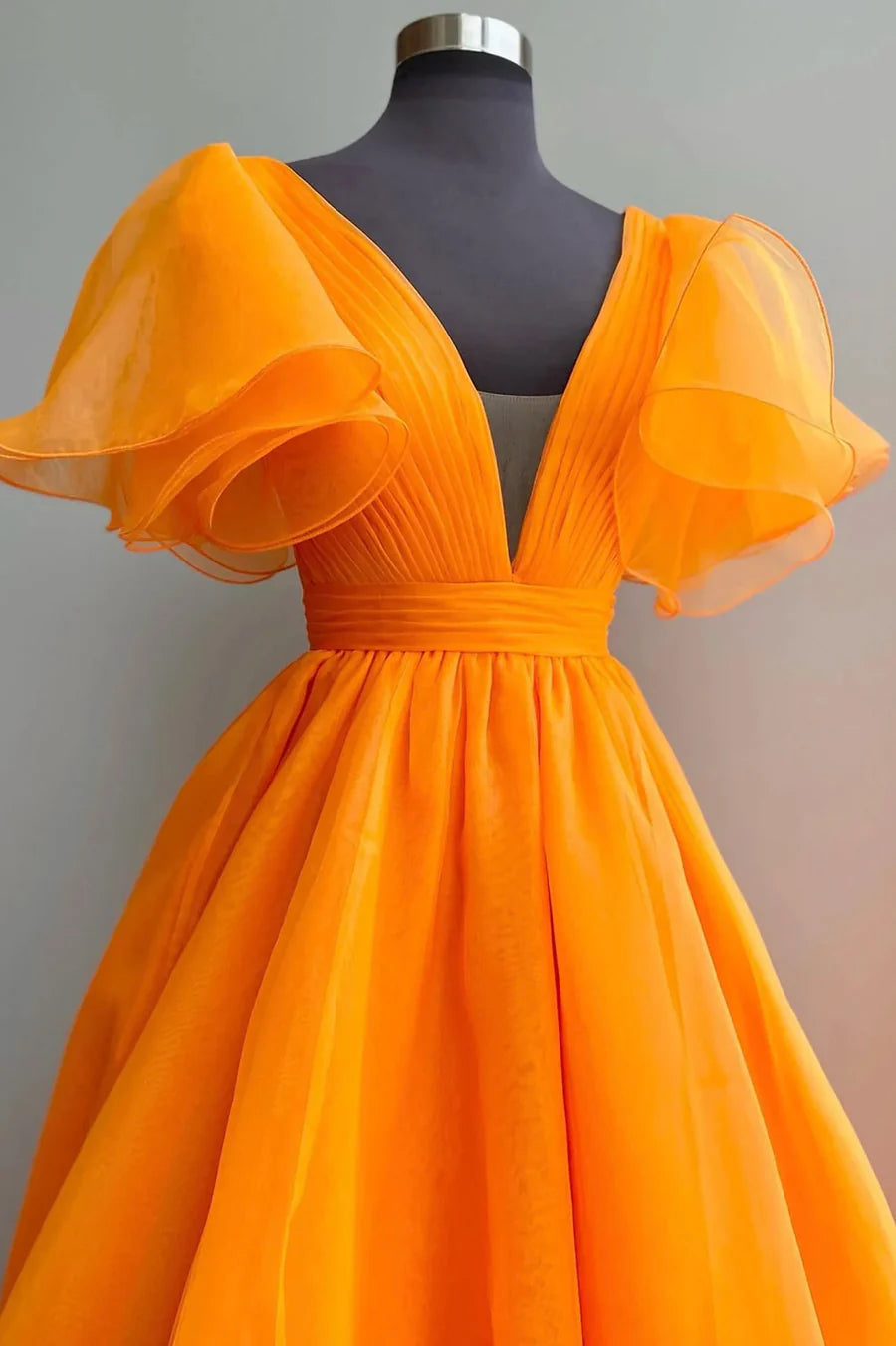 Beautiful A-Line V-Neck Cap Sleeves Organza Orange Long Prom Dress Evening Dress