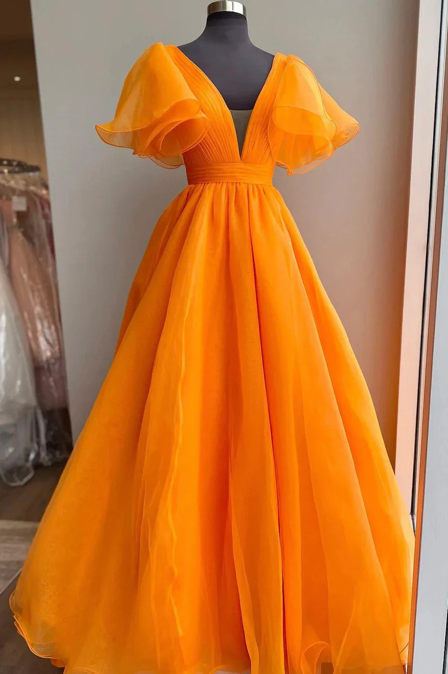 Beautiful A-Line V-Neck Cap Sleeves Organza Orange Long Prom Dress Evening Dress
