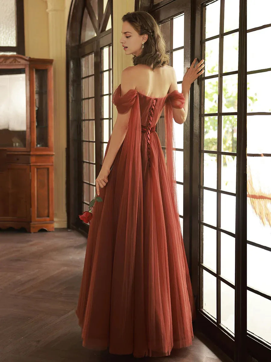 Beautiful A Line Off Shoulder Flower Sequins Tulle Rust Red Long Prom Dresses