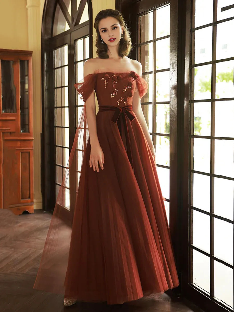 Beautiful A Line Off Shoulder Flower Sequins Tulle Rust Red Long Prom Dresses