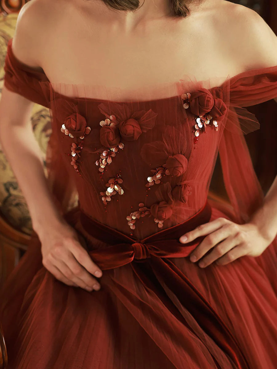 Beautiful A Line Off Shoulder Flower Sequins Tulle Rust Red Long Prom Dresses
