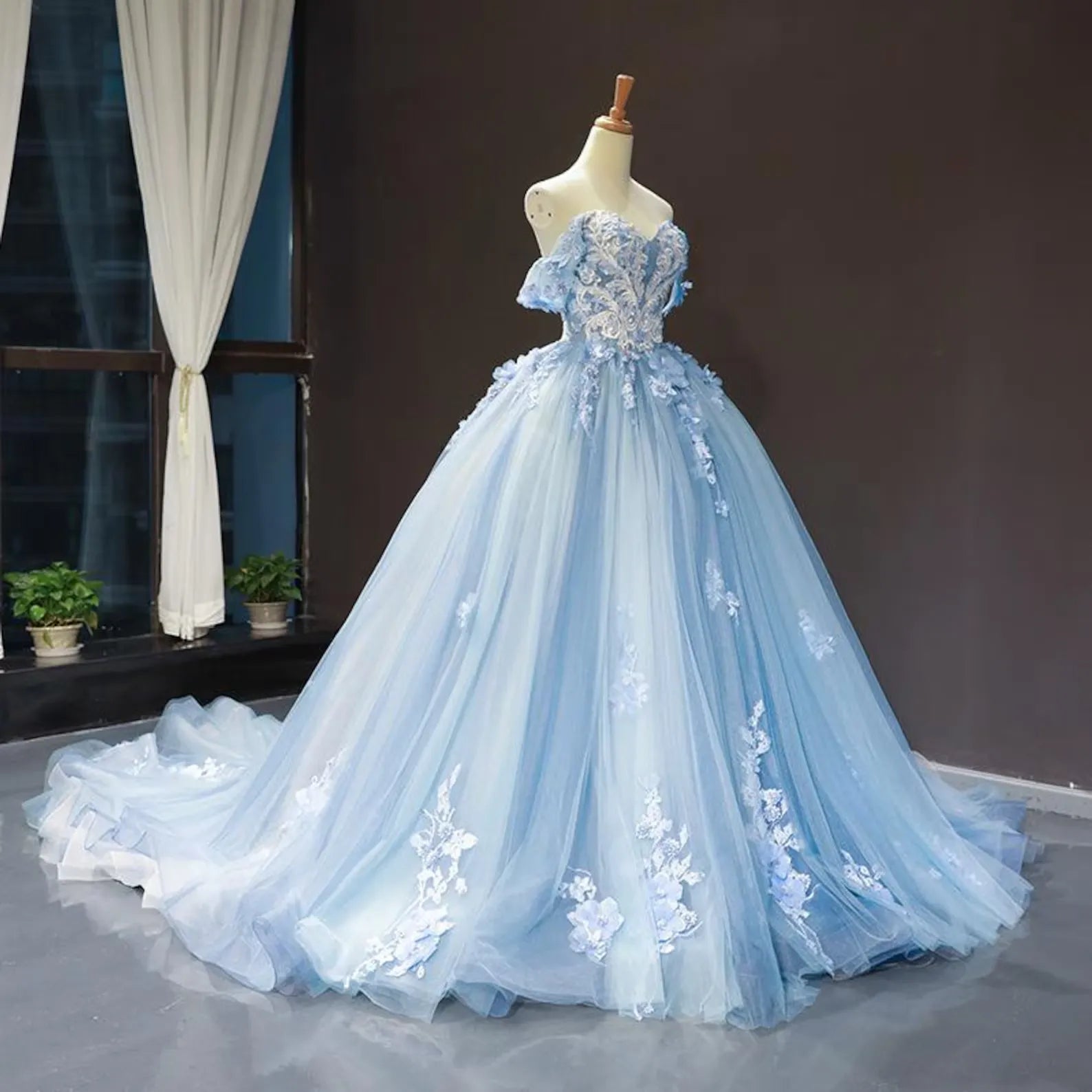 Beautiful Ball Gown Off-The-Shoulder Floral Applique Tulle Light Blue Prom Dress With Train