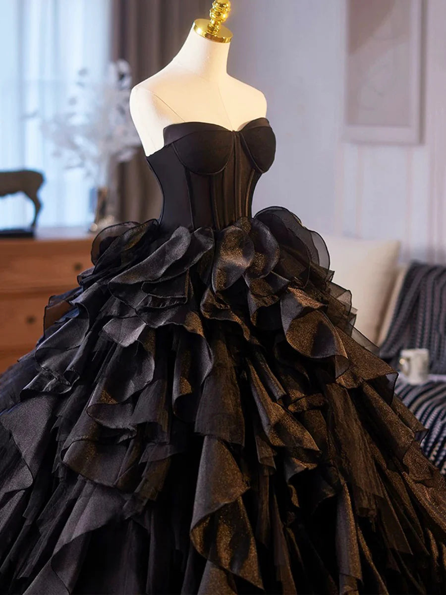 Beautiful Black Cascading Ruffles Strapless Floor Length Prom Dress Formal Dress
