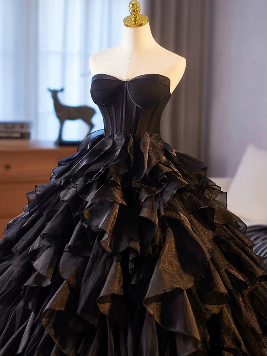 Beautiful Black Cascading Ruffles Strapless Floor Length Prom Dress Formal Dress