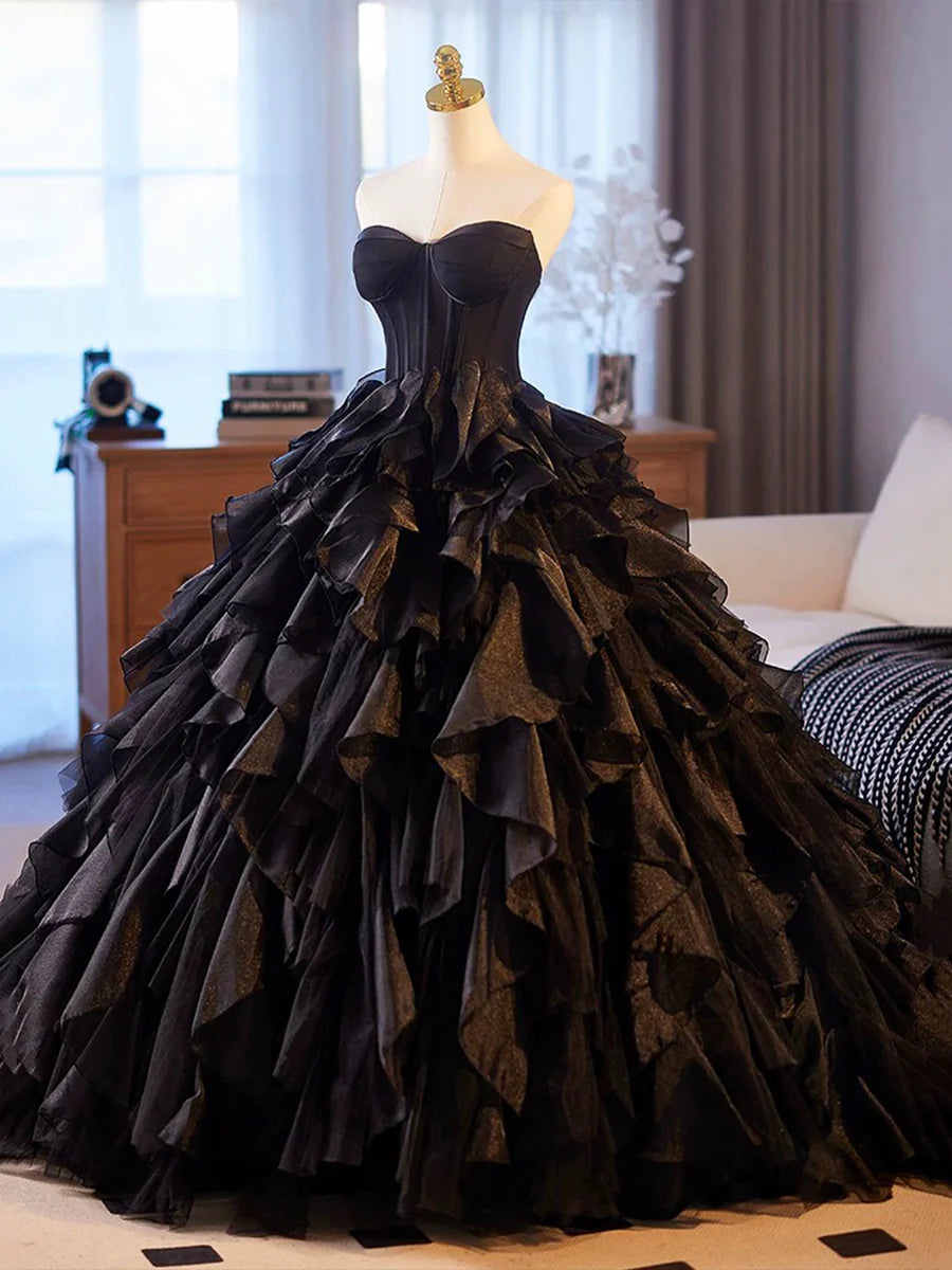 Beautiful Black Cascading Ruffles Strapless Floor Length Prom Dress Formal Dress