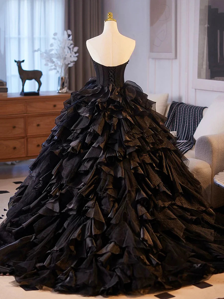 Beautiful Black Cascading Ruffles Strapless Floor Length Prom Dress Formal Dress