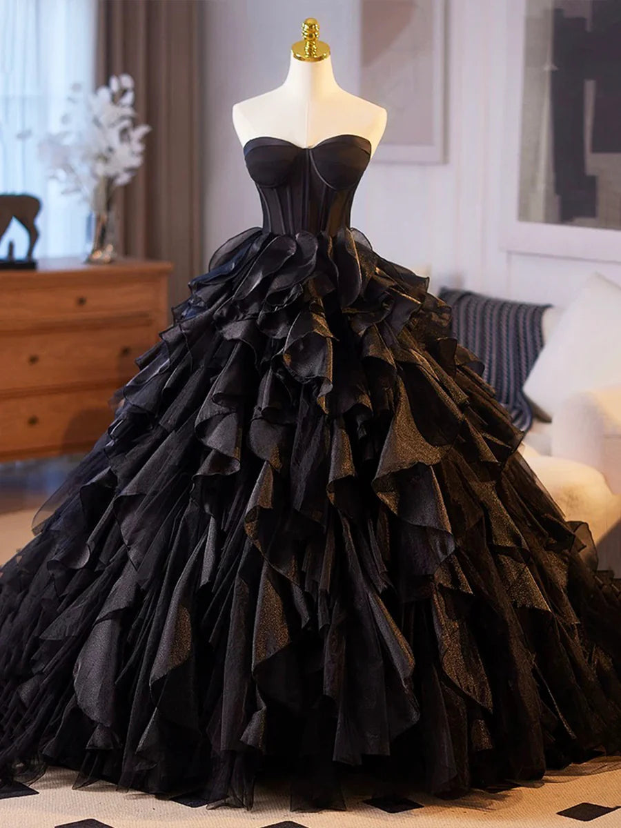 Beautiful Black Cascading Ruffles Strapless Floor Length Prom Dress Formal Dress