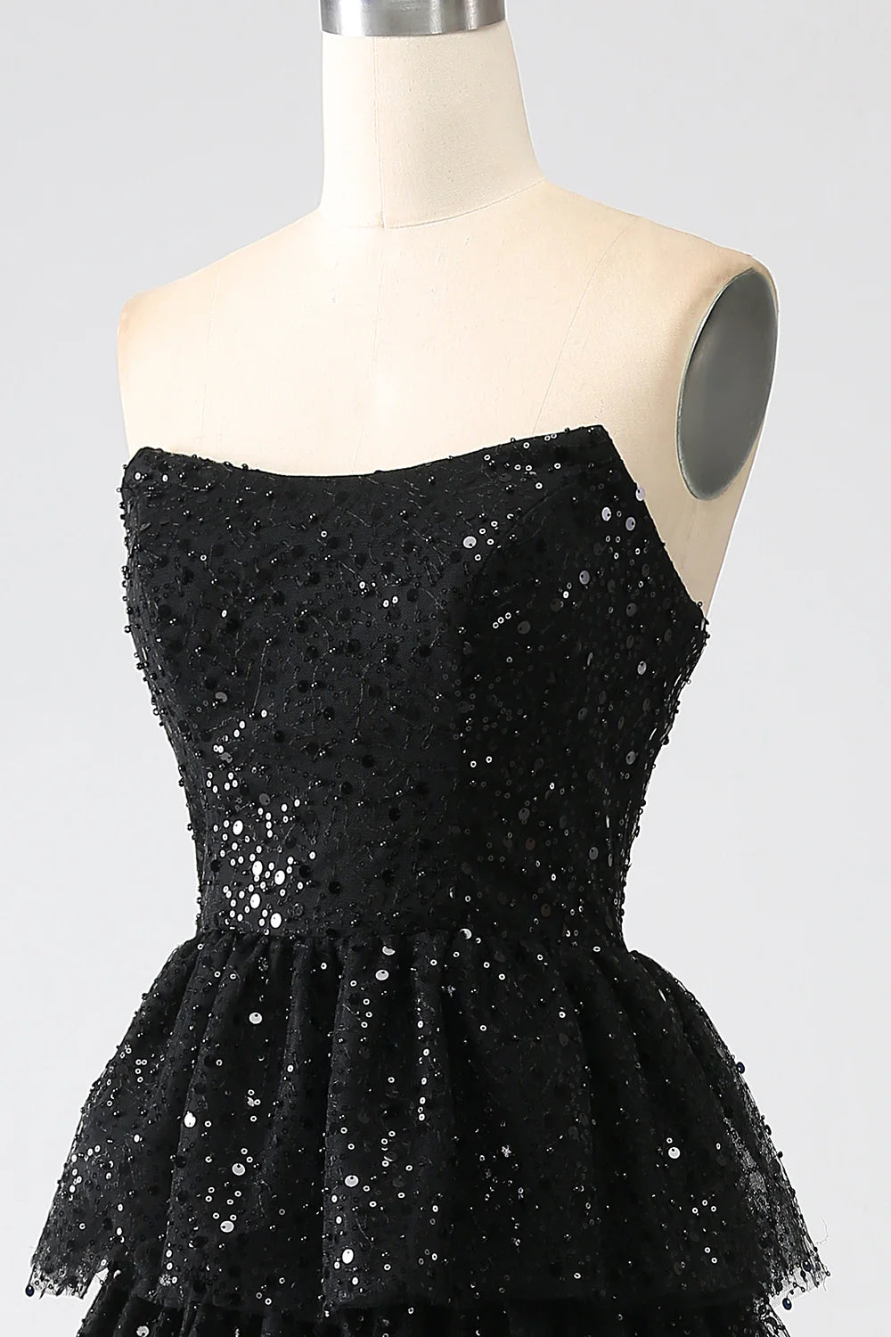 Beautiful Black Sequins Strapless Lace-Up Back A-Line Tiered Slit Prom Dress With Train