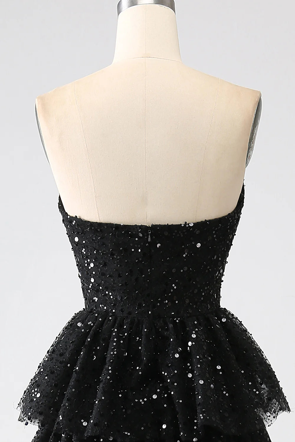Beautiful Black Sequins Strapless Lace-Up Back A-Line Tiered Slit Prom Dress With Train