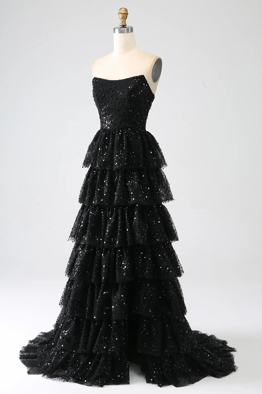 Beautiful Black Sequins Strapless Lace-Up Back A-Line Tiered Slit Prom Dress With Train