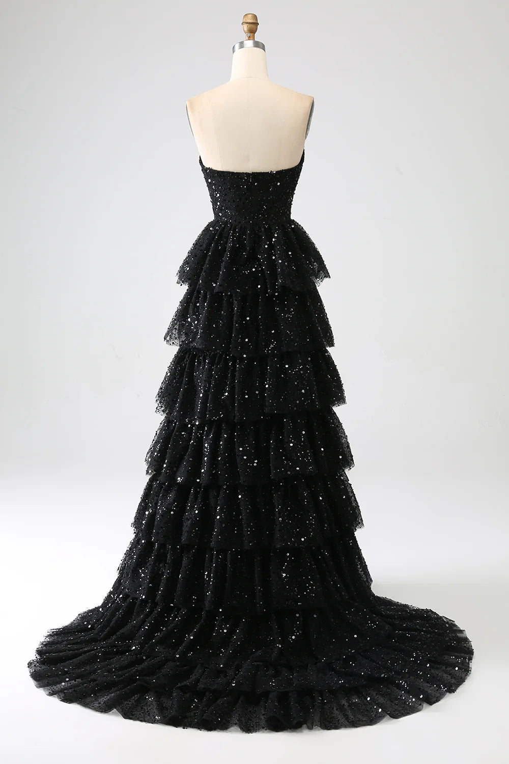 Beautiful Black Sequins Strapless Lace-Up Back A-Line Tiered Slit Prom Dress With Train