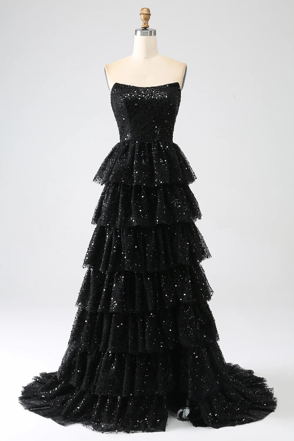 Beautiful Black Sequins Strapless Lace-Up Back A-Line Tiered Slit Prom Dress With Train