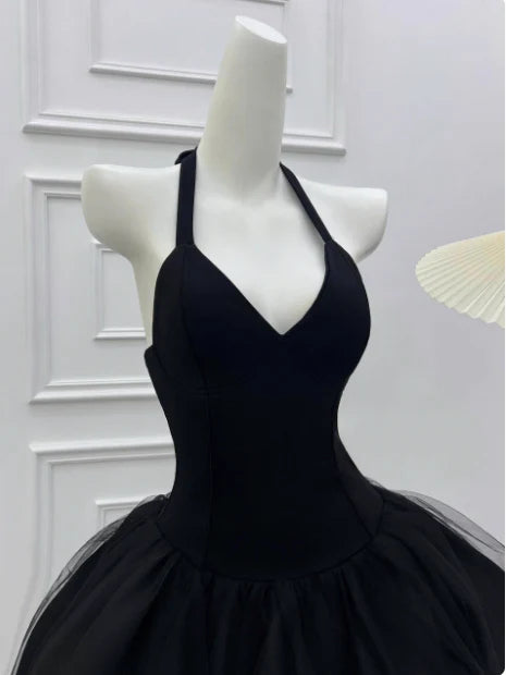 Beautiful Black Tulle Halter Neck Mesh Splicing Puffy Birthday Dress Homecoming Dress