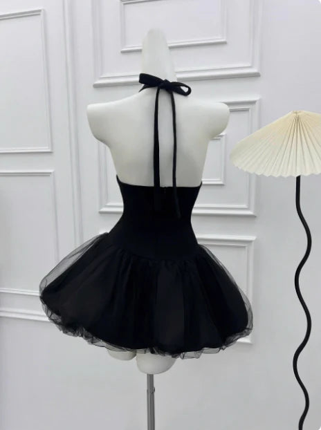 Beautiful Black Tulle Halter Neck Mesh Splicing Puffy Birthday Dress Homecoming Dress